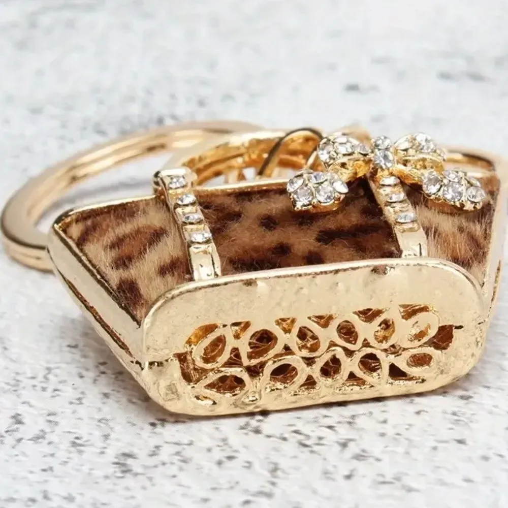 Mini Leopard Tote Bag Charm Keychain Purse Charm Gold Tone NWT
